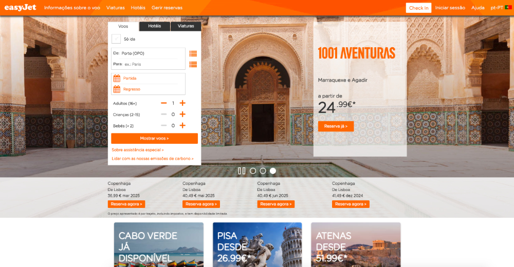 homepage do site da easyjet