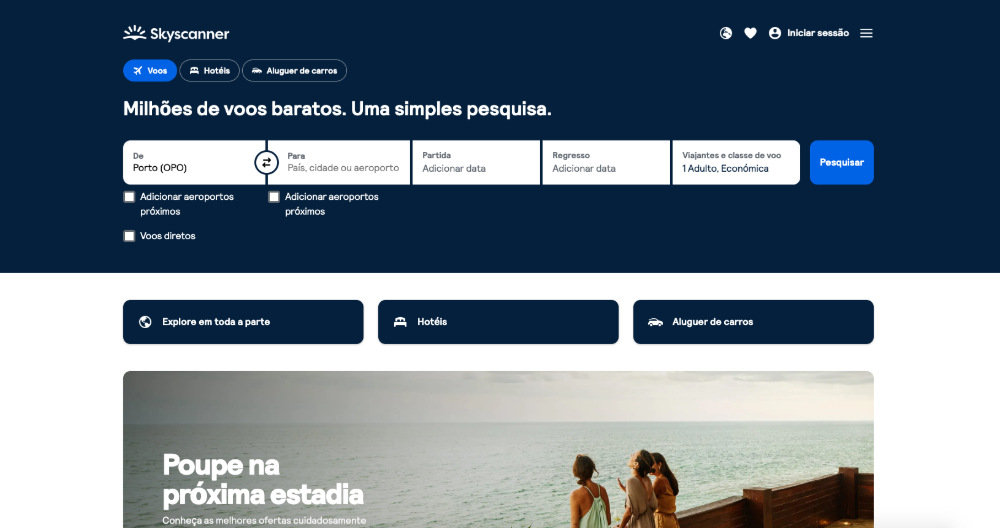 homepage do site da Skyscanner