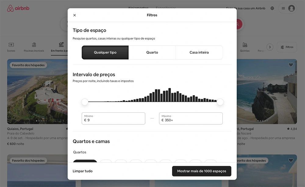 Filtros do site do Airbnb